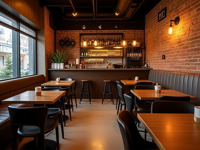 Koselig kaféinteriør med spesialdesignede bord og stoler